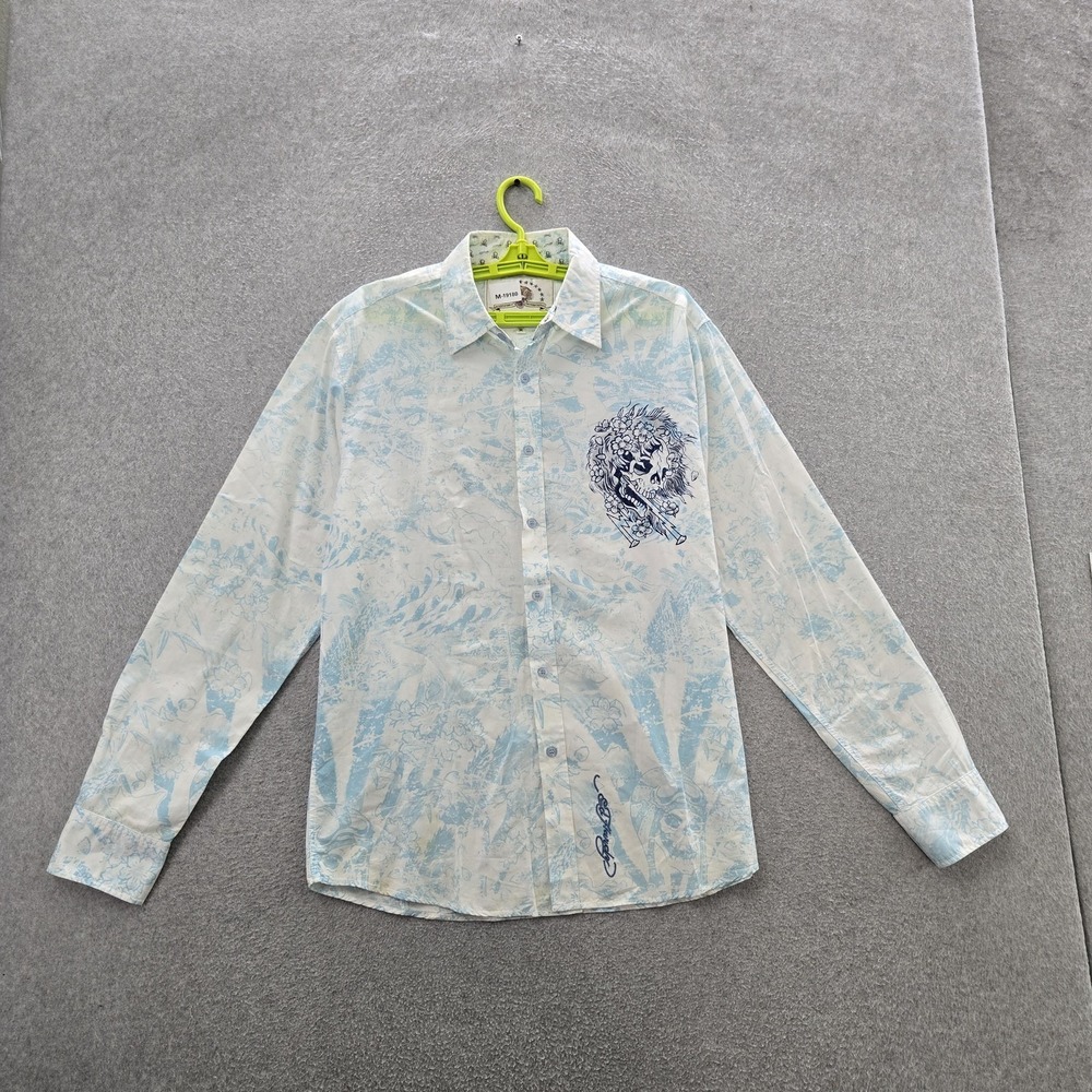 Ed‎ Hardy Men Button Up Shirt M White Embroidered Graphic Skull Tiger Y2K